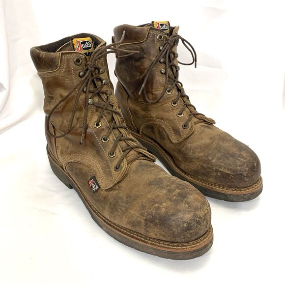 Justin J-Max Steel Toe Work Boots 13D Brown Waterproof Lace Up USA main image 10